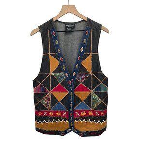 Vintage Carole Little Sport Denim Patchwork Embroidered Vest